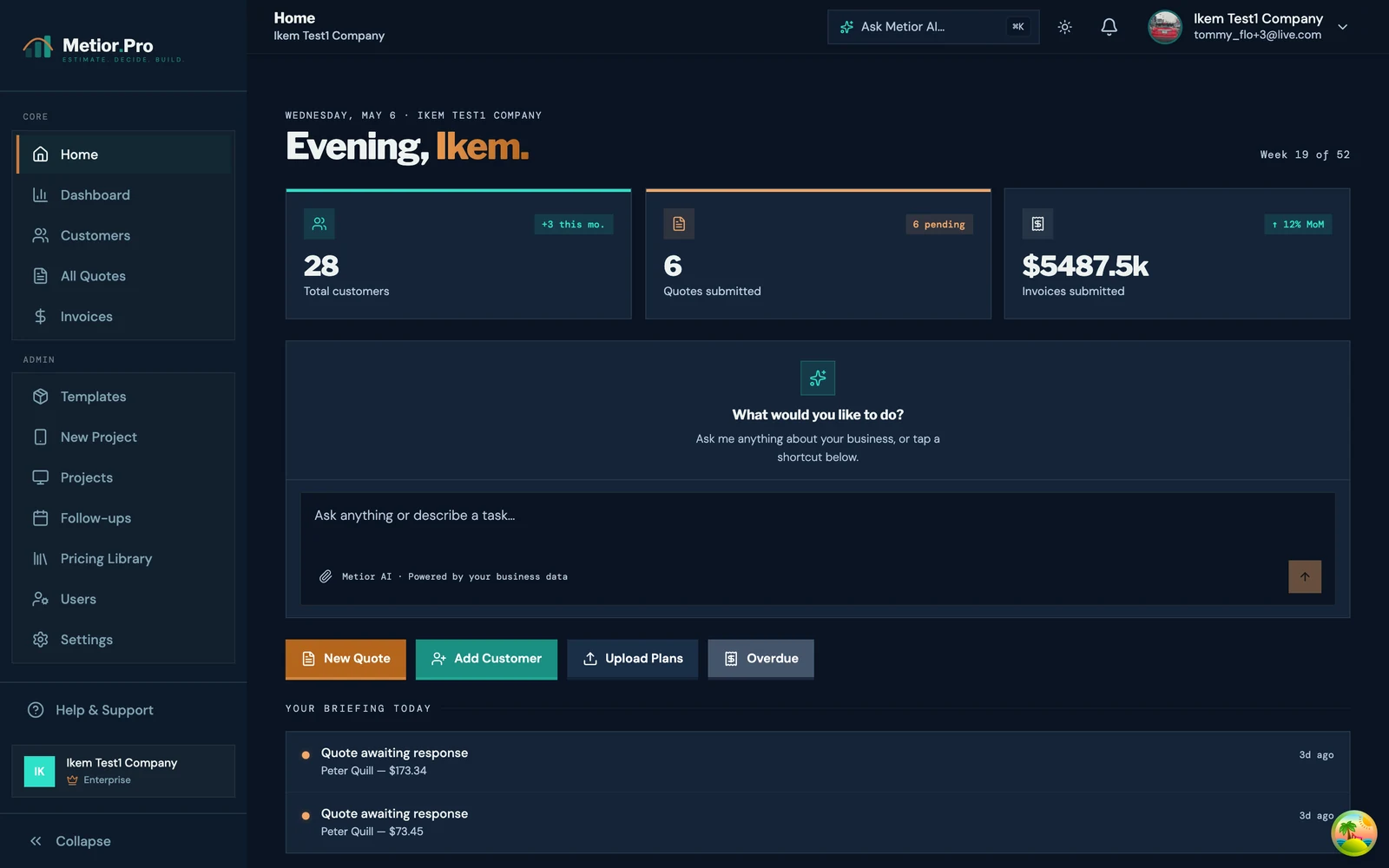 Metior Pro home dashboard