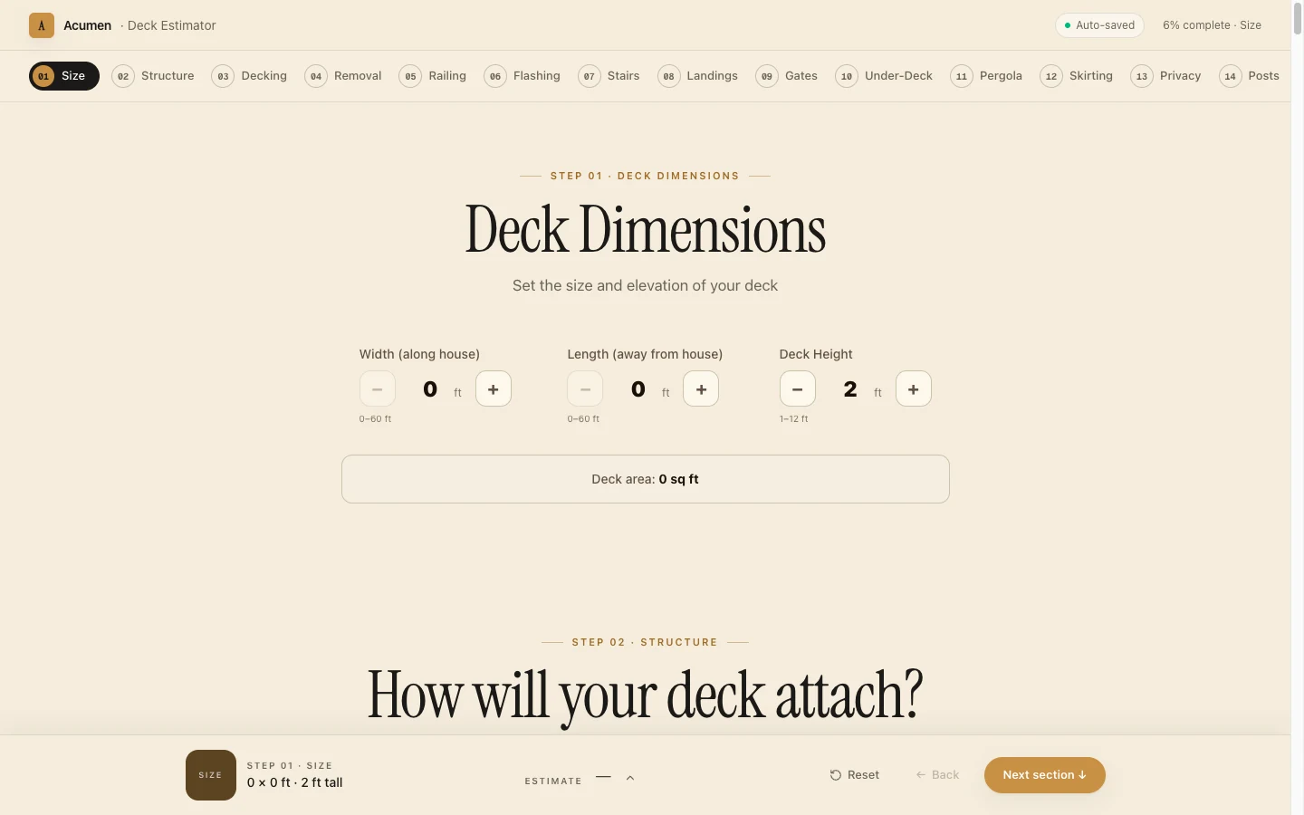 The 17-step quote wizard — deck dimensions and step rail