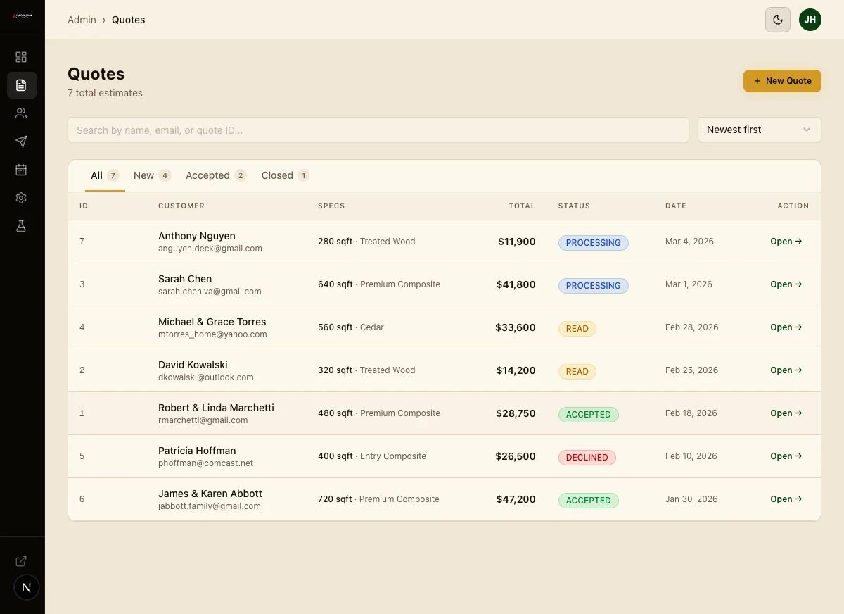 Quotes pipeline — searchable, filterable estimate list
